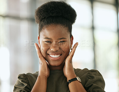 Buy stock photo Excited african american business woman posing with her hands on her face showing her smile in an office. Playful hispanic female entrepreneur looking happy and excited at workplace