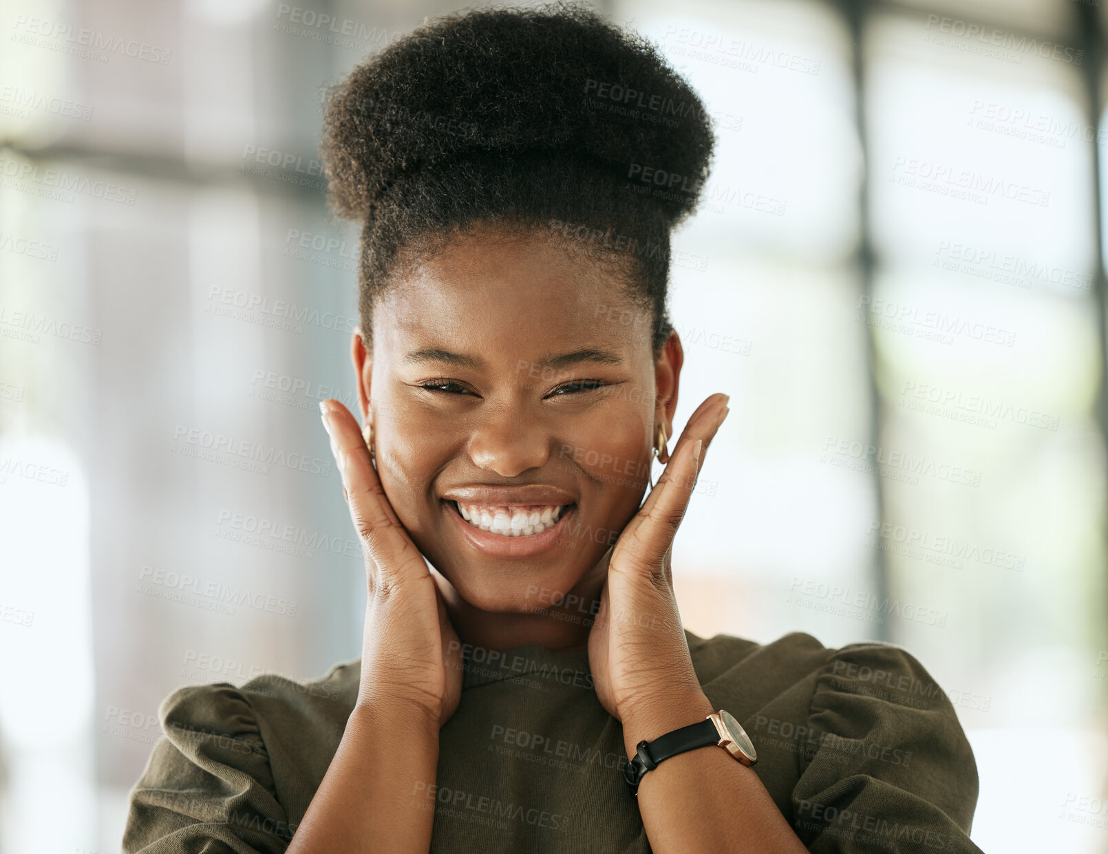 Buy stock photo Excited african american business woman posing with her hands on her face showing her smile in an office. Playful hispanic female entrepreneur looking happy and excited at workplace