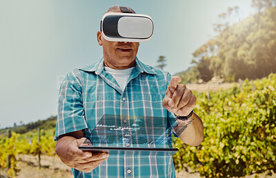 Buy stock photo Senior mixed race farmer using virtual reality headset and digital tablet with cgi. Hispanic elderly man using technology in metaverse to browse data. Old man standing and using vr for a simulation