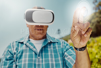 Buy stock photo Senior mixed race farmer using virtual reality headset to choose and select option with cgi. Hispanic elderly man planning with technology in metaverse. Old man standing and using vr for a simulation