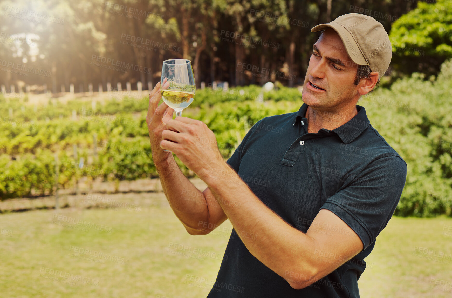 Buy stock photo One serious farmer talking and explaining while holding wineglass of white wine on his farm. Caucasian man standing with glass of alcohol for tasting during summer on vineyard. Weekend wine tasting