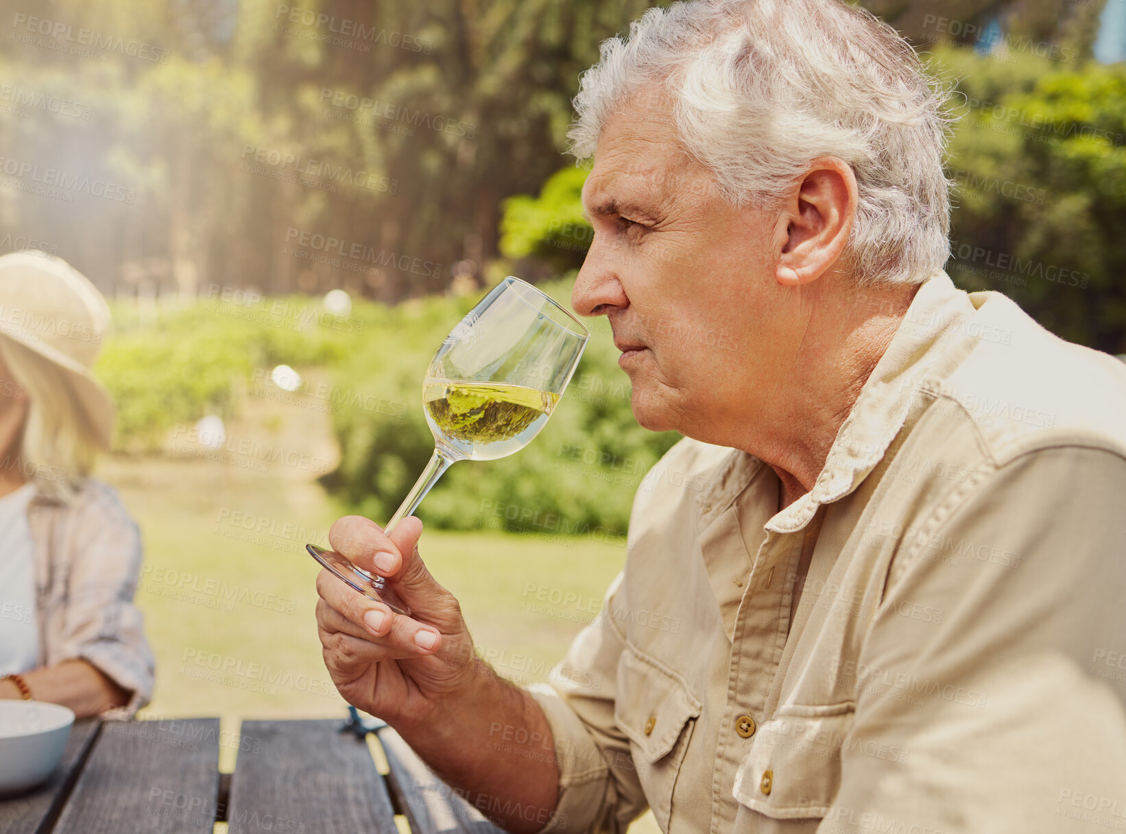 Buy stock photo Senior caucasian man sitting and smelling a glass of white wine during wine tasting on a vineyard. Elderly man thinking before drinking alcohol from a wineglass on farm. Weekend bonding with friends