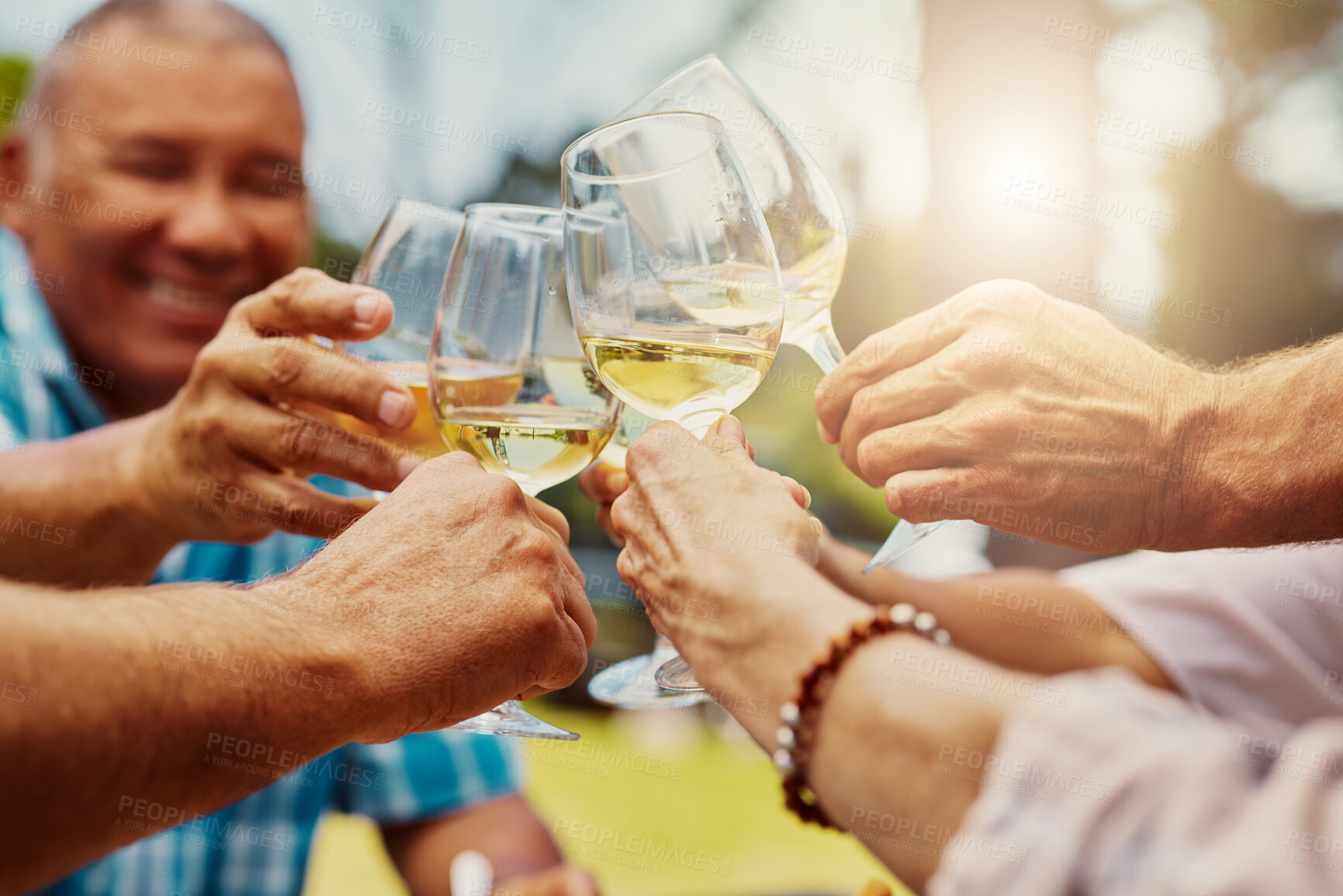 Buy stock photo Unknown group of diverse friends toasting with wineglasses on vineyard. Happy group of people sitting together and bonding during a wine tasting on a farm during the weekend. Friends enjoying alcohol