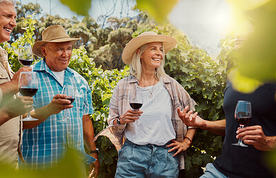 Farmer talking and explaining to diverse group of friends while holding wineglass of red wine on farm. People standing together with alcohol for tasting during summer on vineyard. Weekend wine tasting