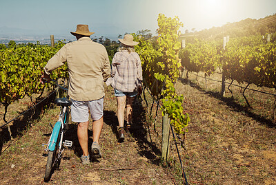 Full length of unknown senior couple walking and bonding together on vineyard. Caucasian husband and wife enjoying summer and pushing bicycle after wine tasting on weekend. Man and woman on wine farm
