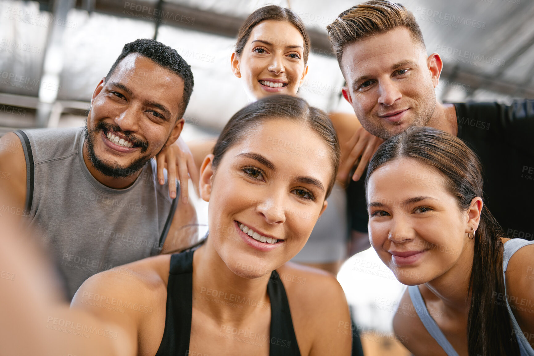 Buy stock photo Fitness friends, face and selfie in gym with smile in portrait, exercise together and motivation. Health, wellness and trust, training and friendship, people are happy in picture at workout studio 