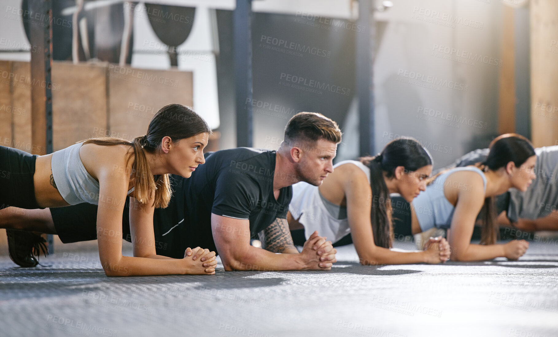 Buy stock photo Gym, fitness and people with plank exercise on floor for strength, resilience and training, focus or mindset. Health club, push up and person group with endurance workout for balance, power or cardio