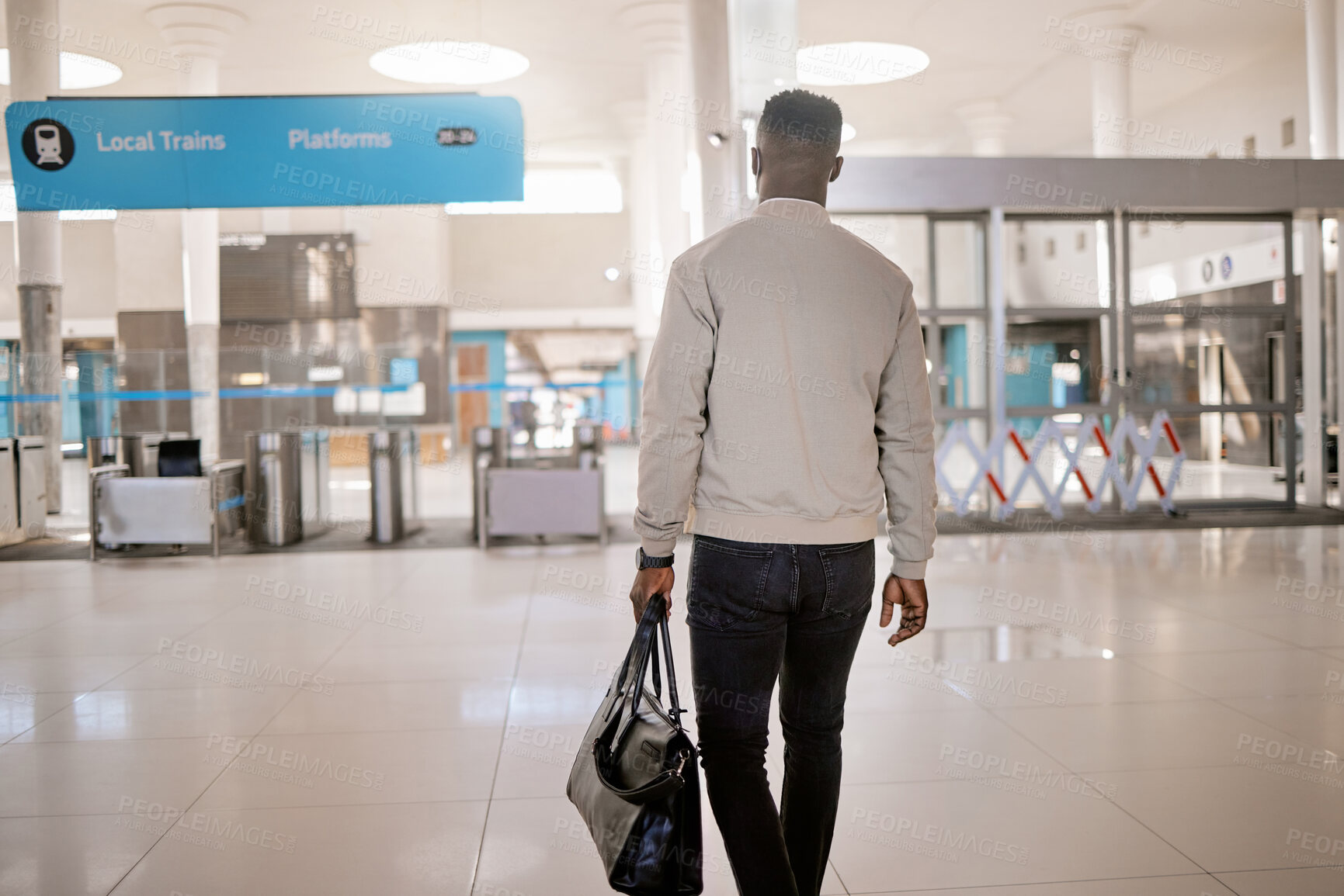 Buy stock photo Walking, travel and business man in train station for public transport, journey and trip for commute to work. Worker, professional and person with bag in railway terminal, lobby and platform in metro