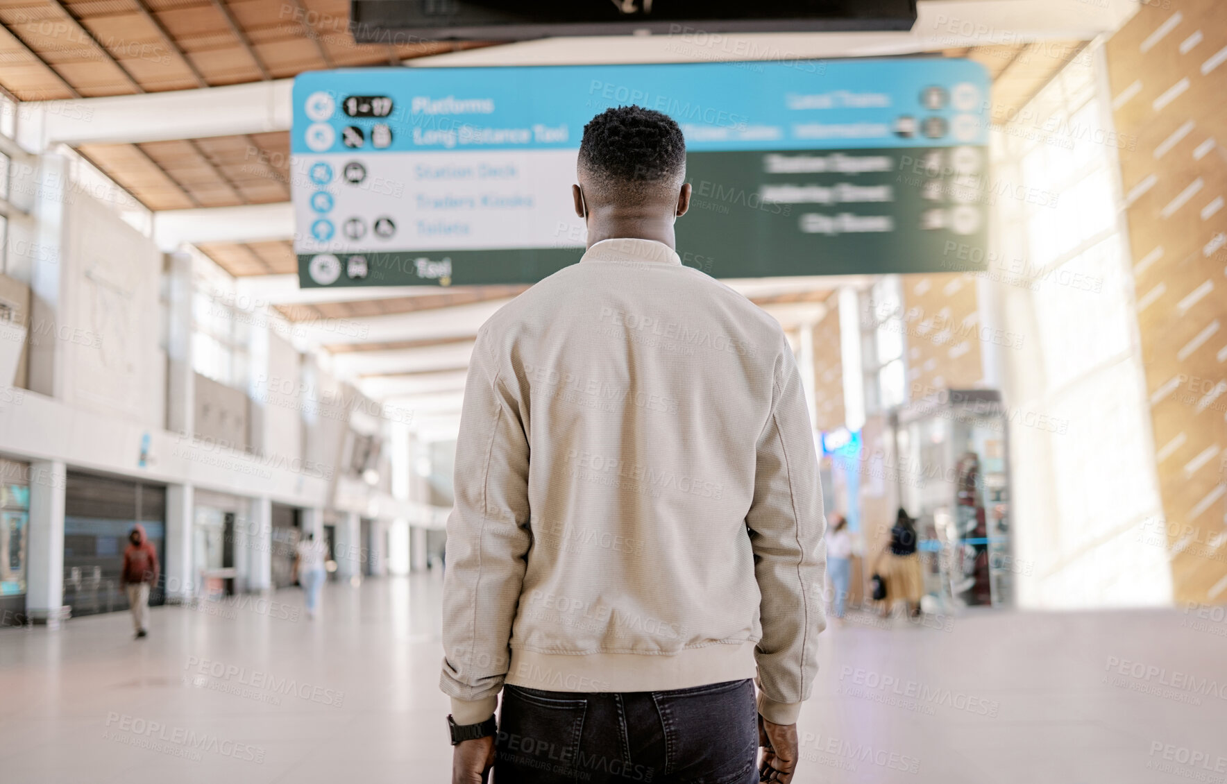 Buy stock photo Man, travel and train station board with commute, trip and urban subway information for passenger. Back, waiting and public transport in New York with city map, direction and gate check abroad