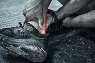 Buy stock photo Using cgi to find pain. Closeup on hand of a trainer touching a sprained ankle. Ankle strain will cause a problem when exercising. Bodybuilder in discomfort with muscle ache. Hurt trainer in the gym