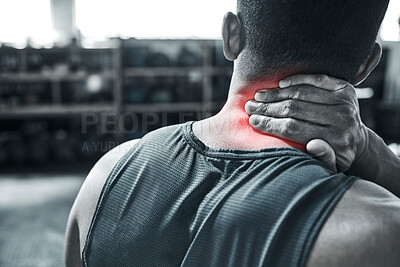 Neck pain can stop any bodybuilder. Back of an athlete with neck pain. A neck injury is serious. Bodybuilding risks CGI red spots of pain. Hand of an active man touching his neck in pain