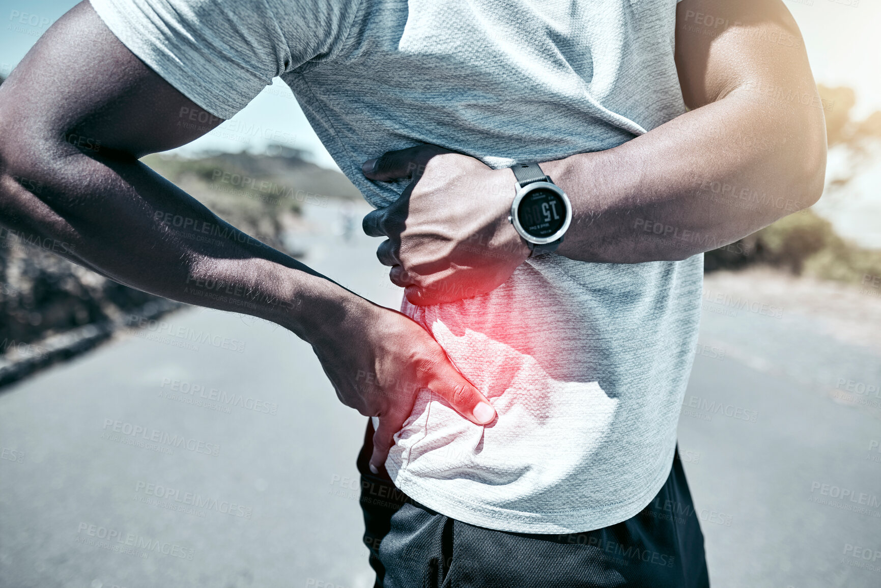 Buy stock photo Exercise, back pain and injury with a sports man holding his sore body while outdoor for a workout. Fitness, anatomy and accident with a male athlete feeling tender while training for a cardio run