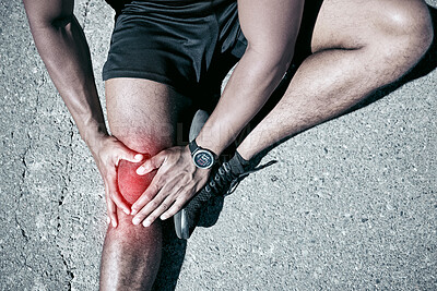 Buy stock photo Road, athlete and knee injury in closeup from exercise with emergency from workout with massage. Sportsman, outdoor and joint with pain from accident with training and physical therapy for muscle.