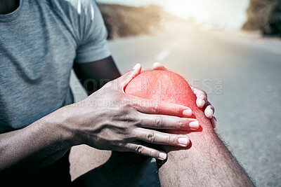 Buy stock photo Knee injury, road and hurt man in closeup after exercise with training emergency with inflammation. Athlete, outdoor and joint pain with accident from workout, fitness, cardio and muscle discomfort.