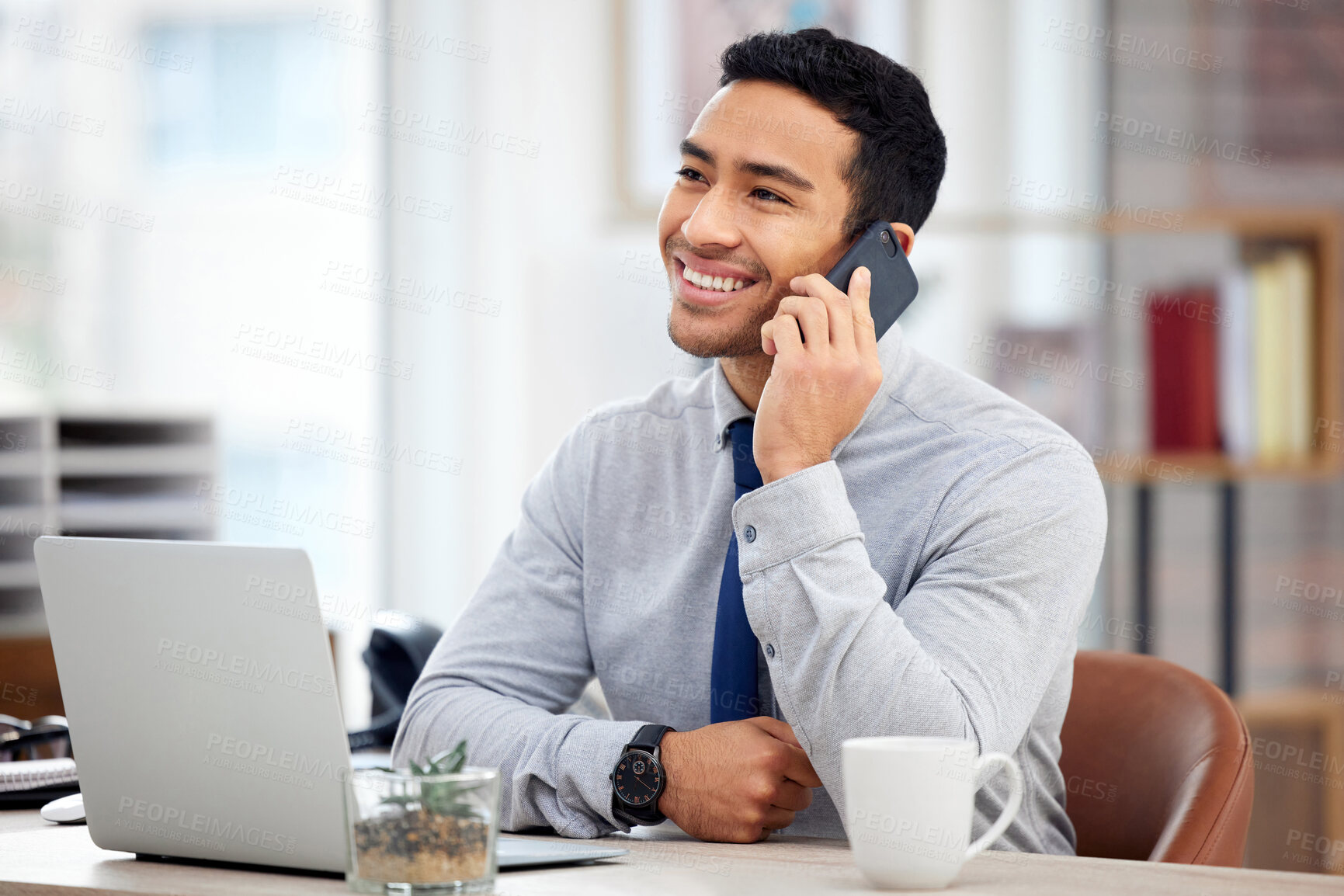 Buy stock photo Phone call, thinking and business man on laptop, communication and networking in home office. Remote work, mobile chat and happy asian person or entrepreneur ideas, talking and working on computer