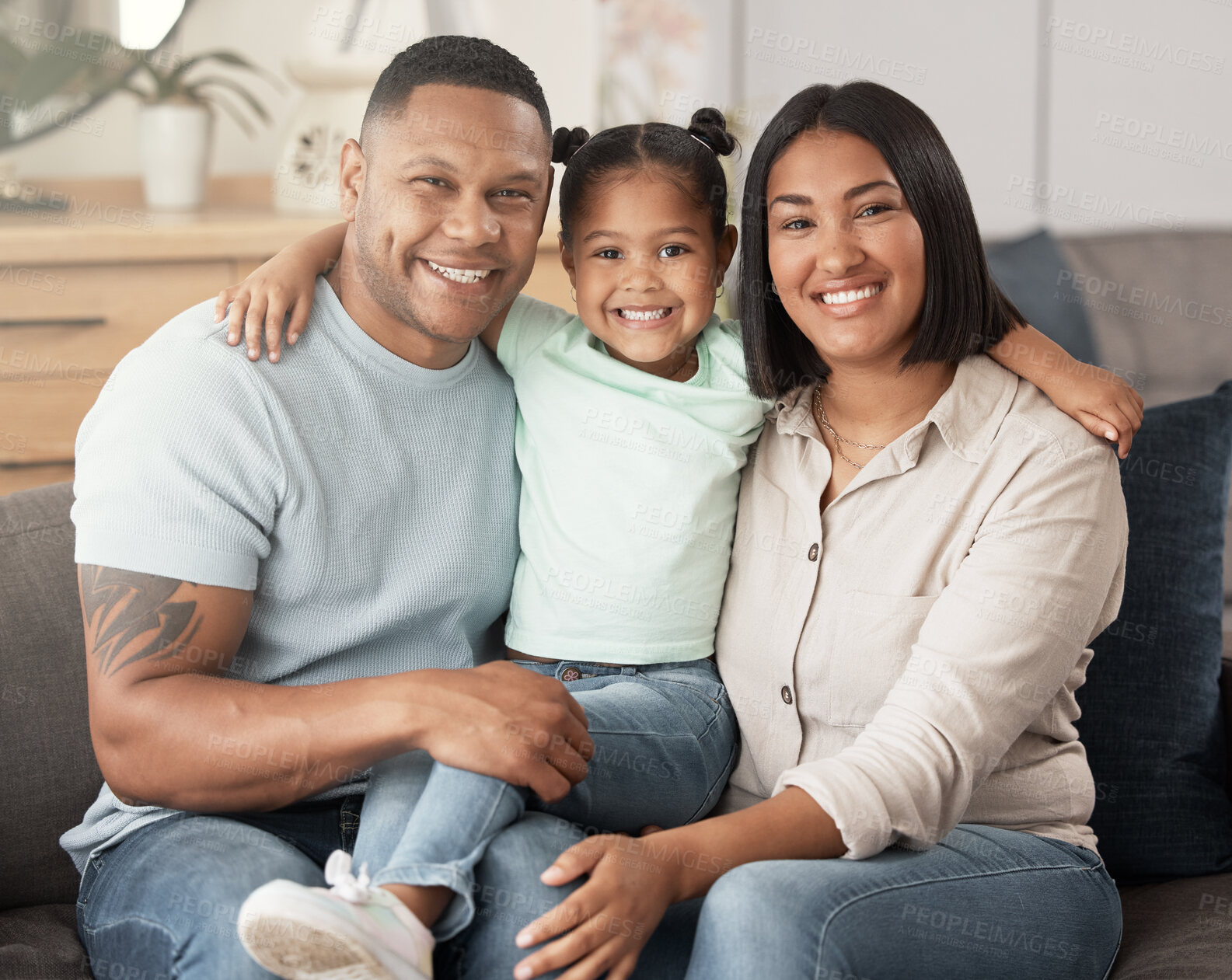 Buy stock photo Happy parents, girl and portrait on sofa in home for quality time, love and care together in living room in Colombia. Mother, father and child relax on couch with smile, happiness and family support 