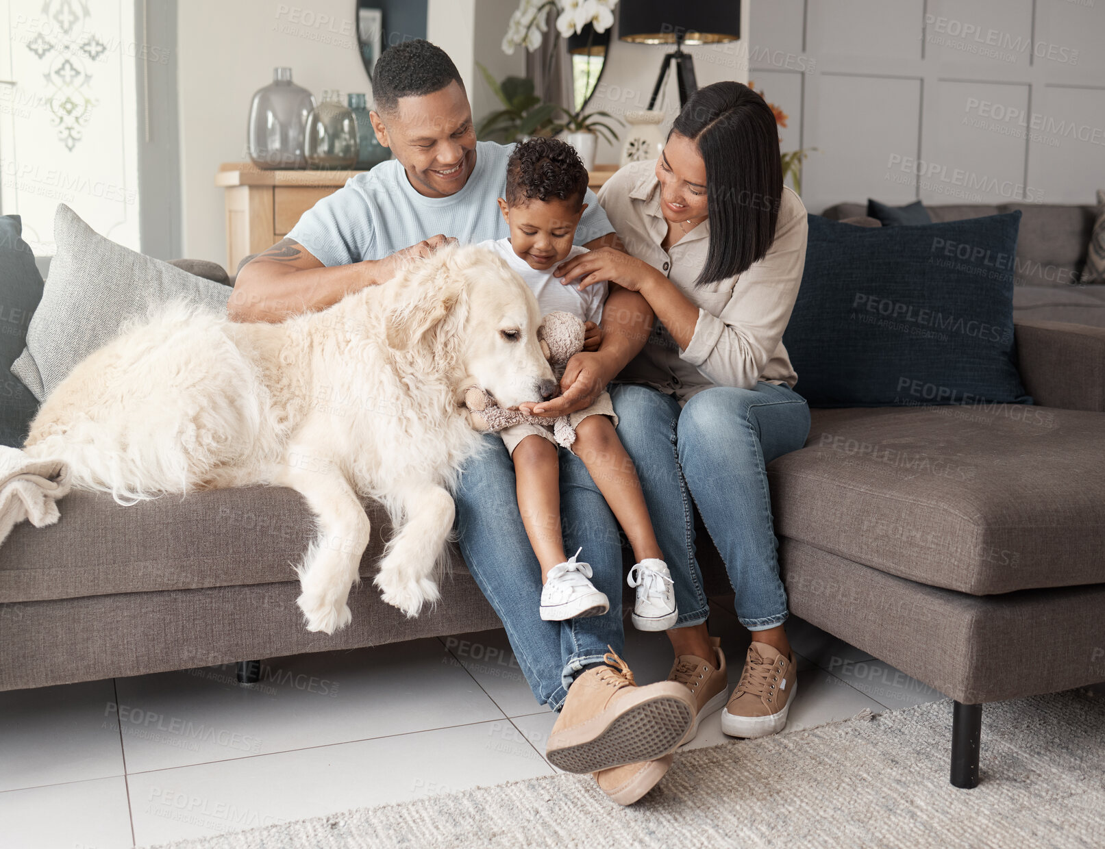 Buy stock photo A happy mixed race family of three relaxing on the sofa with their dog. Loving black family being affectionate with a foster animal. Young couple bonding with their son and rescued puppy at home