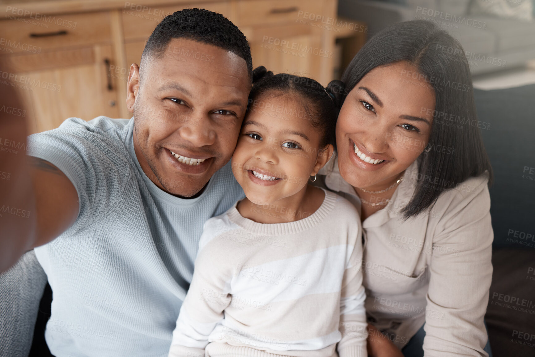 Buy stock photo Happy parents, girl and portrait for selfie in home with love, care and quality time together in Colombia. Face of mother, father and child taking photograph for memory, happiness and smile of family