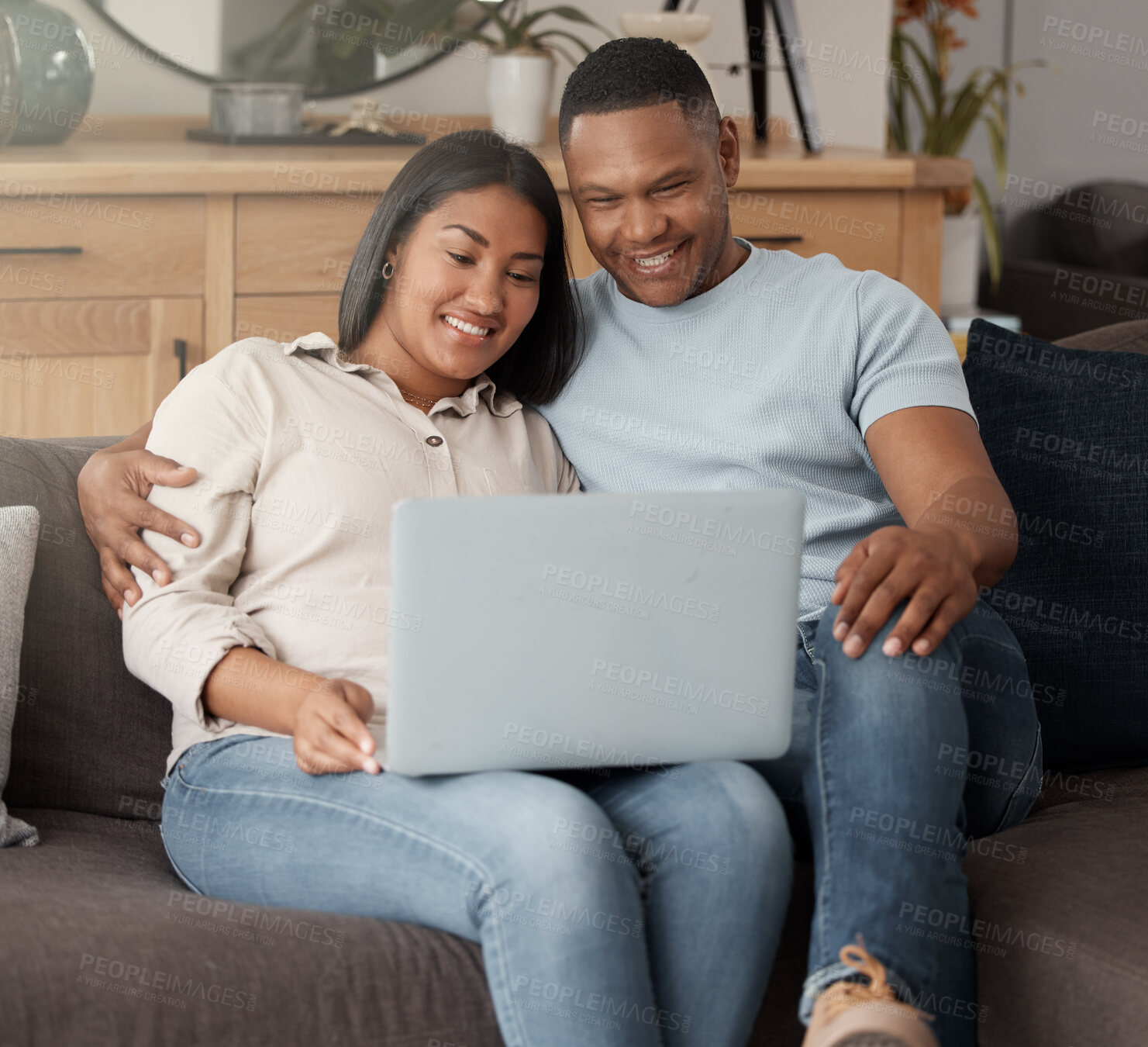 Buy stock photo Happy, couple and watching movie on laptop on sofa for online subscription, media download and relax together. Man, woman and computer technology for streaming, internet and connection in living room