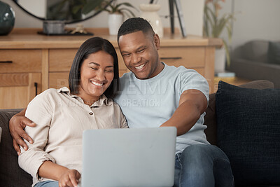 Buy stock photo Couple, laptop and smile for movie on couch with online subscription, media download and relax together. Happy man, woman and computer technology for streaming, internet and connection in living room