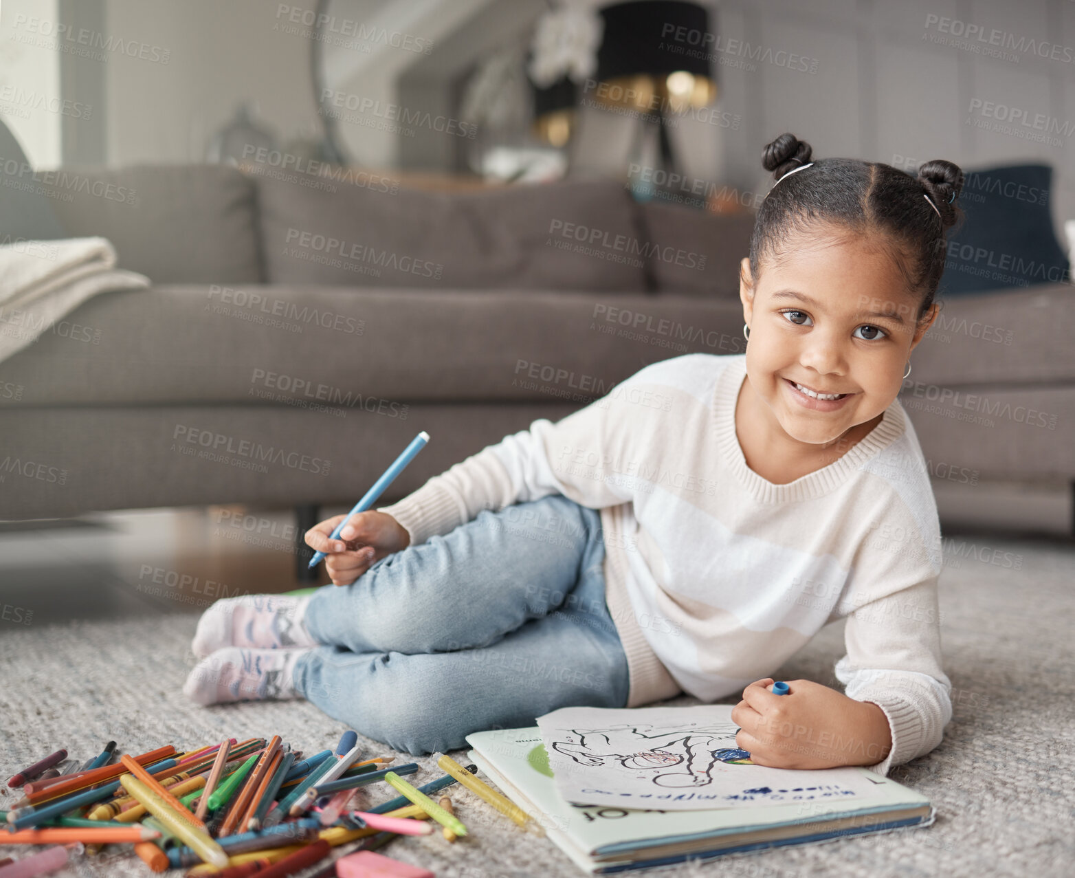 Buy stock photo Portrait of happy kid, girl and pencils for coloring on living room floor for education, learning and creative development. Cute child, books and crayons for writing, drawing and creativity of art