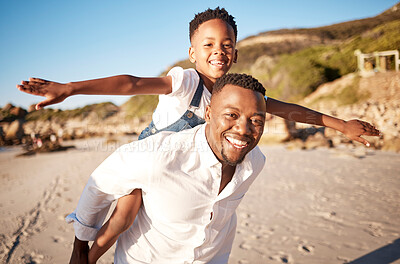 Buy stock photo Portrait, father and son on a beach, piggy back and happiness on summer holiday, love and travel. Parent, dad carry boy and male child with joy, smile and seaside vacation with quality time or break