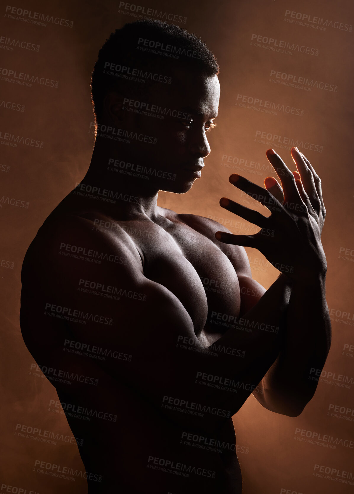 Buy stock photo Black man, muscle and dark studio with silhouette, hands and sign for art deco vision, beauty and shadow. Man, art aesthetic and smoke with strong body, alone and struggle with mental health problem