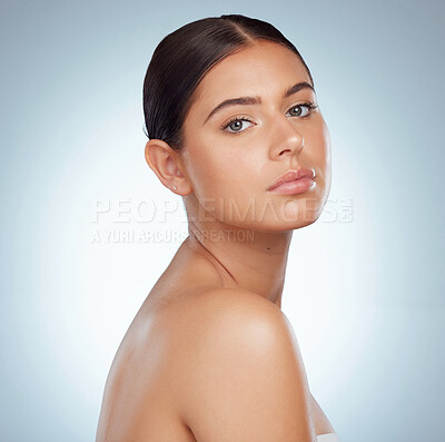 Buy stock photo Serious face, skincare and woman in studio isolated on a white background. Portrait, natural beauty or female model in makeup, cosmetics or spa facial treatment for skin health, aesthetic or wellness