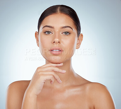 Buy stock photo Face, skincare and beauty of woman in studio isolated on a white background. Portrait, natural and serious female model in makeup, cosmetics or facial treatment for skin health, aesthetic or wellness