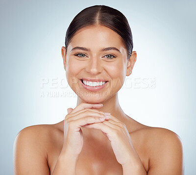 Buy stock photo Face, beauty skincare and smile of woman in studio isolated on a white background. Portrait, natural and female model in makeup, cosmetics or facial treatment for skin health, aesthetic or wellness.