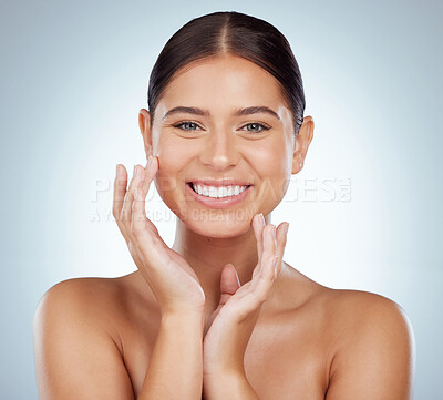 Buy stock photo Face, skincare and beauty of happy woman in studio isolated on a white background. Portrait, natural and female model in makeup, cosmetics or facial treatment for skin health, aesthetic or wellness.