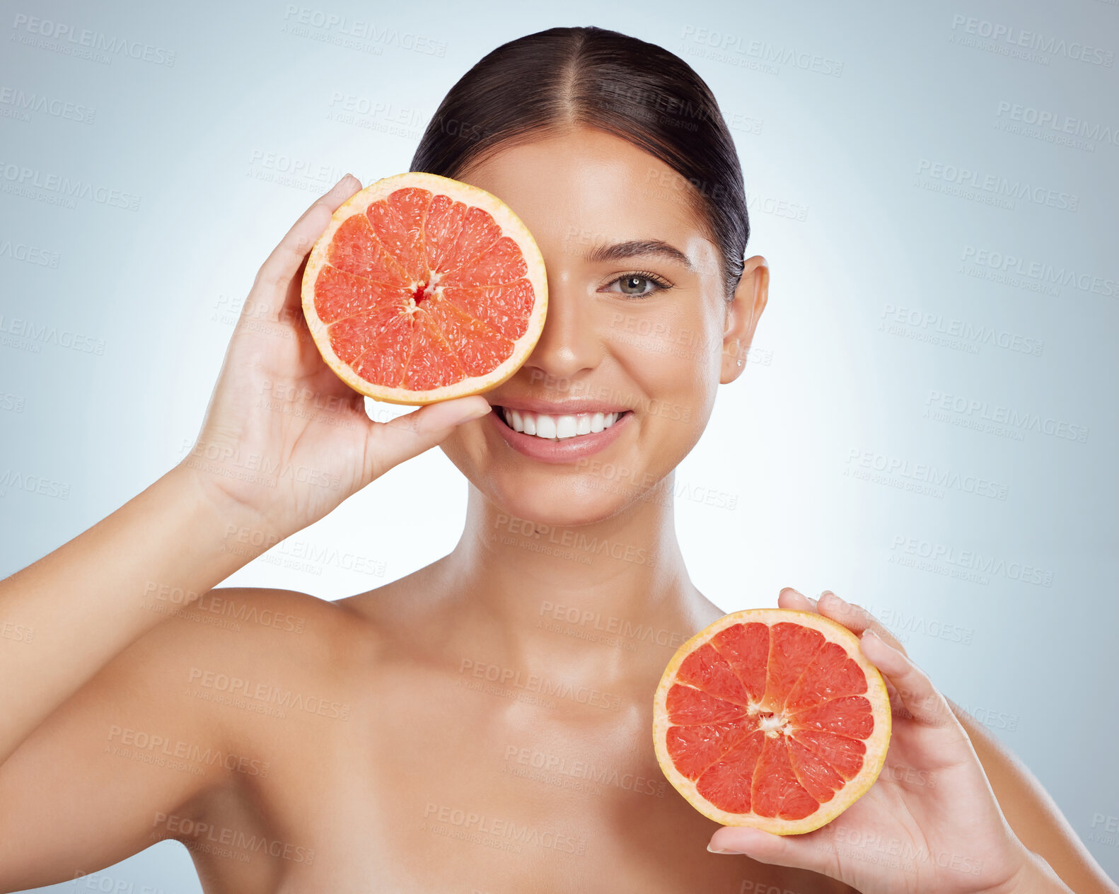 Buy stock photo Skincare, face and woman smile with grapefruit in studio isolated on a white background. Portrait, natural and female model with fruit for vitamin c, nutrition and healthy diet, wellness or cosmetics