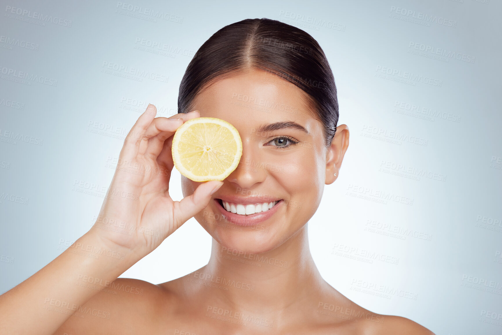 Buy stock photo Face, skincare and happy woman with lemon in studio isolated on a white background. Portrait, natural and female model with fruit for vitamin c, vegan nutrition or healthy diet, wellness or cosmetics