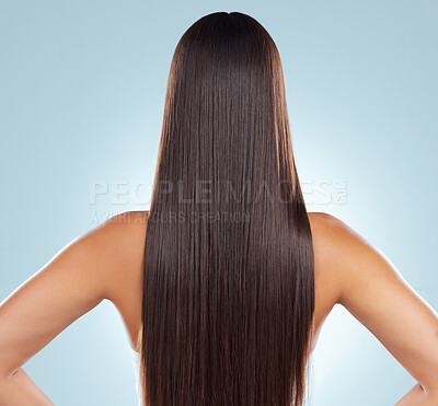 Buy stock photo Rear view of a brunette woman with long lush beautiful hair posing against a grey studio background. Mixed race female standing showing her beautiful healthy hair