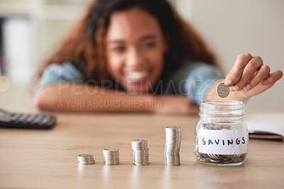 Buy stock photo Woman, hand and money savings jar, finance and budget, future financial planning with investment and coins on table. Female person saving, economy with growth and development, cash in glass container