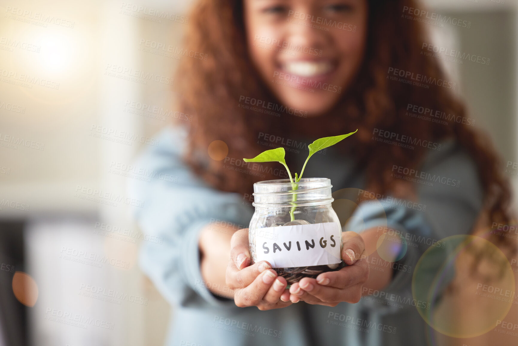 Buy stock photo Woman with savings jar, growth and soil with plant, investment and charity with rich financial future. Mockup space, development and female person invest with ecology, finance goals and opportunity