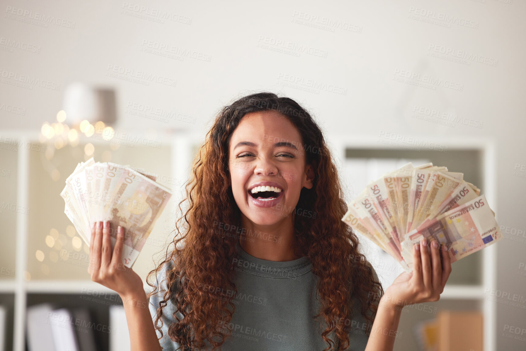 Buy stock photo Happy woman with money in hands, savings and finance with success and celebrate financial goals. Budget, winning and wealth with cash fan, investment and female person winner with salary bonus