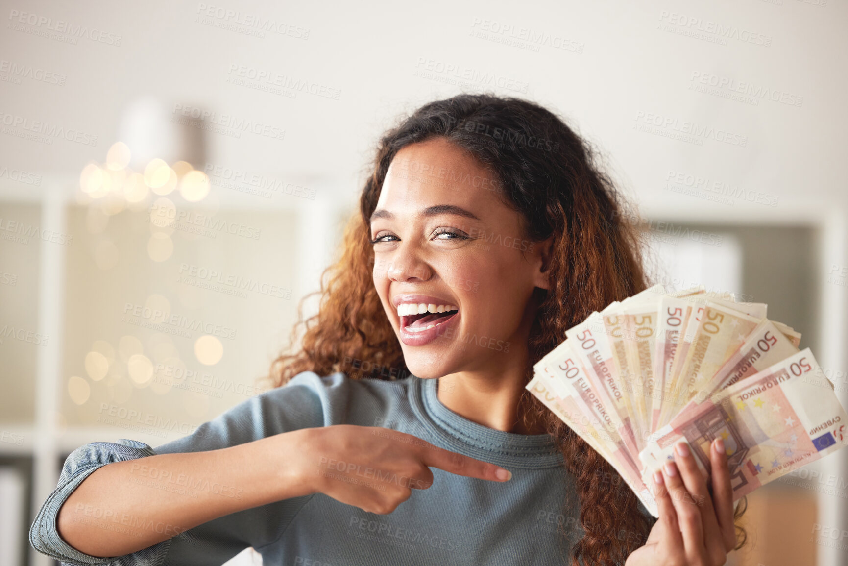 Buy stock photo Happy woman is pointing at cash fan, savings and finance with success and celebrate financial goals. Budget, winning and wealth with money, investment and female person winner with salary bonus