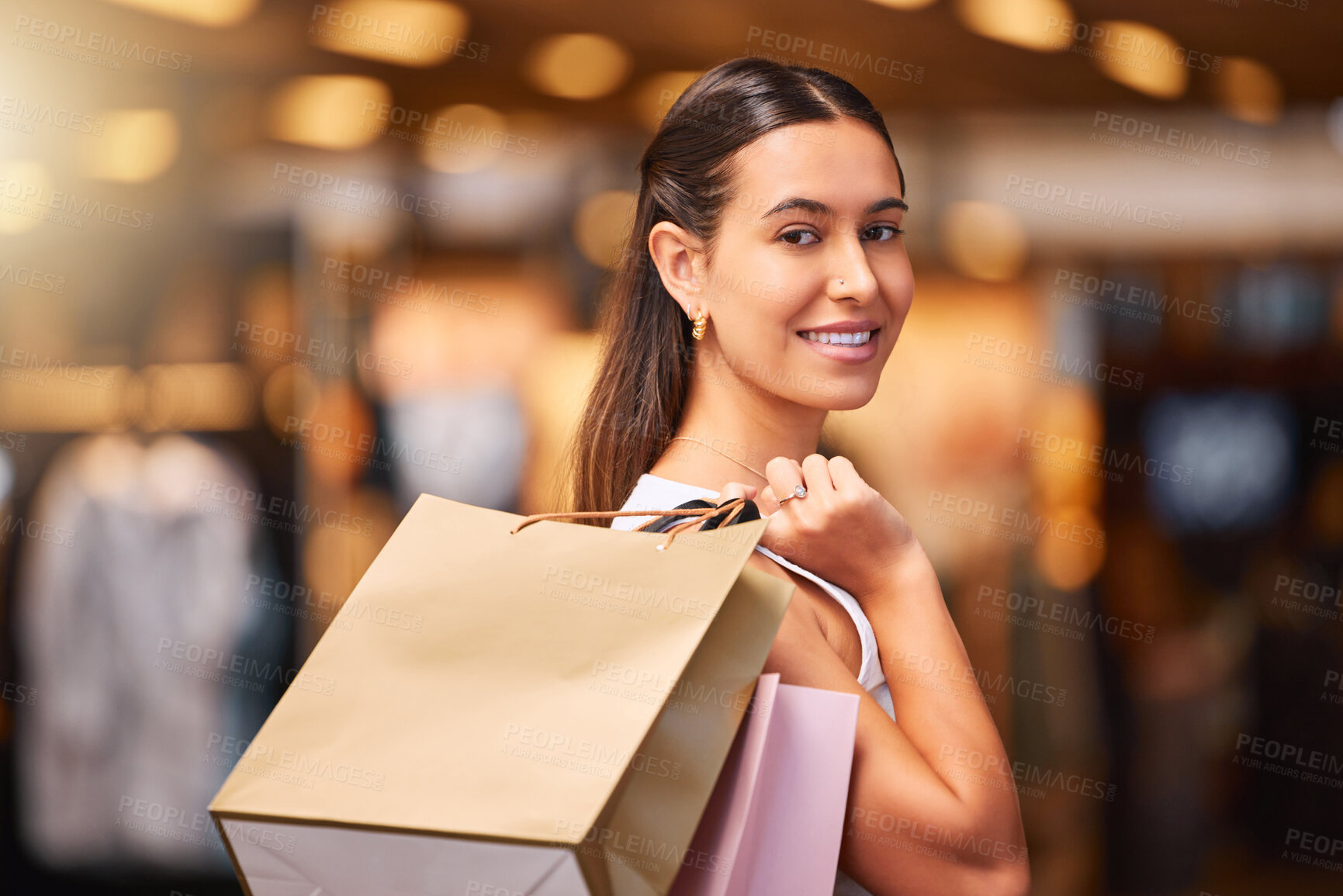 Buy stock photo Shopping bag, mall and fashion portrait of a woman with sale product or discount deal. Female person or happy customer with retail bags for luxury store promotion, commercial offer and commerce
