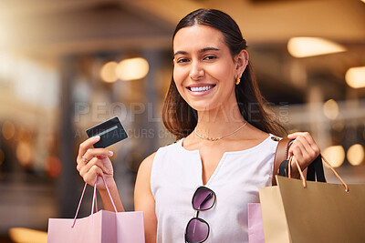 Buy stock photo Credit card, smile and a woman with a shopping bag in mall for fashion, sale or discount deal. Portrait of female person or happy customer with retail bags for promotion offer and bank payment