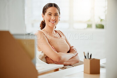 Buy stock photo Portrait of one confident young hispanic business woman sitting with arms crossed while working in an office. Happy and ambitious entrepreneur ready for success in a creative startup agency