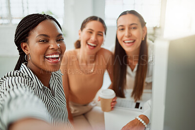 Buy stock photo Portrait of a confident young african american business woman taking selfies with her colleagues in an office. Group of three happy smiling women taking photos as a dedicated and ambitious team in a creative startup agency