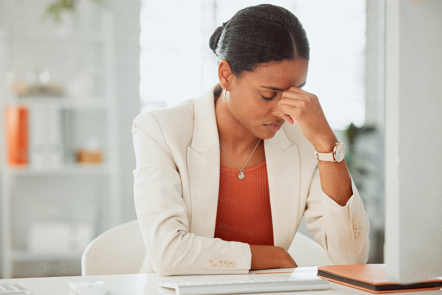 Buy stock photo Frustrated, business woman and headache with stress in fatigue for mistake, bankrupcty or debt at office. Young, female person or employee with migraine for pressure, strain or financial crisis