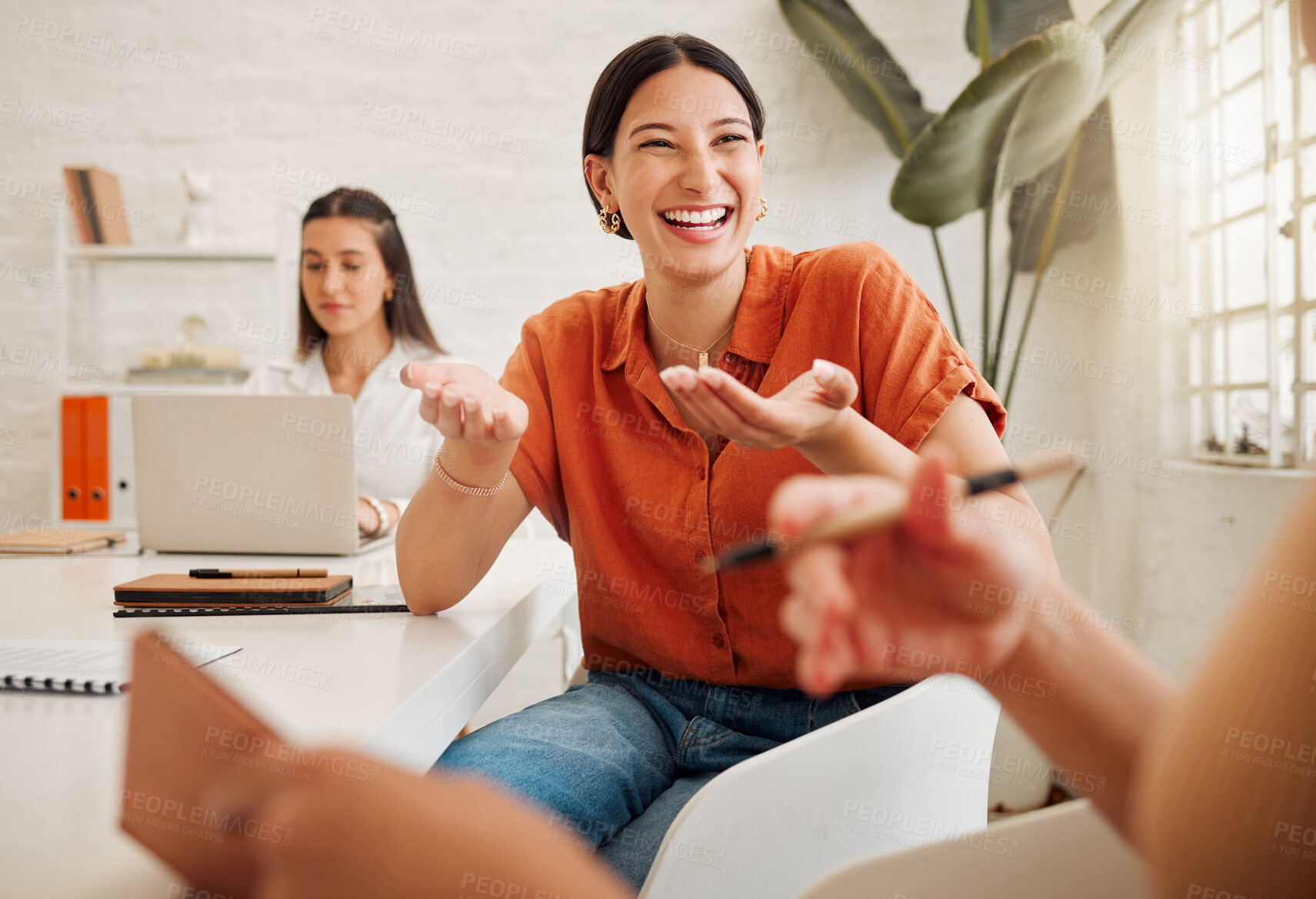 Buy stock photo Confident young hispanic business woman speaking to colleagues during a meeting in an office boardroom. Happy staff sharing feedback and explaining ideas while brainstorming in a creative startup agency