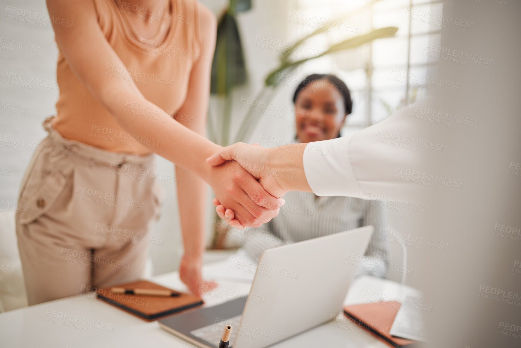 Buy stock photo Closeup of businesswomen shaking hands in the office for a partnership, deal or corporate collaboration. Meeting, welcome and female employees with a handshake for an onboarding, hiring or agreement.