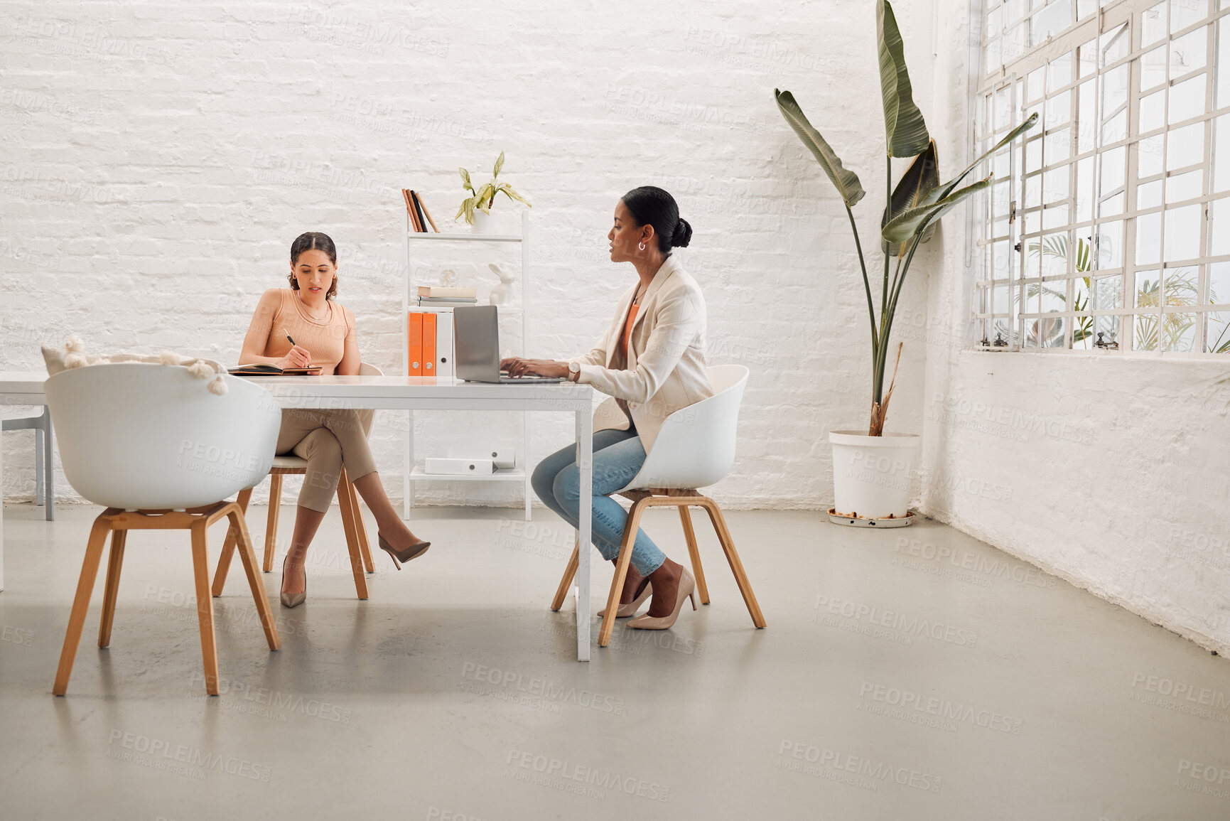 Buy stock photo Two young mixed race businesswomen having a meeting writing notes and using a laptop in a boardroom at work. Focused businesspeople talking while planning together in an office