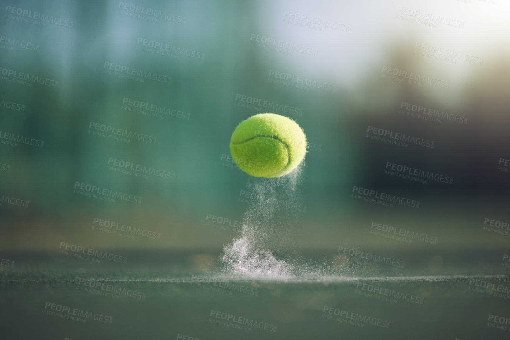 Buy stock photo Sports, tennis and a ball bouncing on a court outdoor during a game, competition or training with chalk. Fitness, exercise and club with still life sport equipment outside for a workout or match