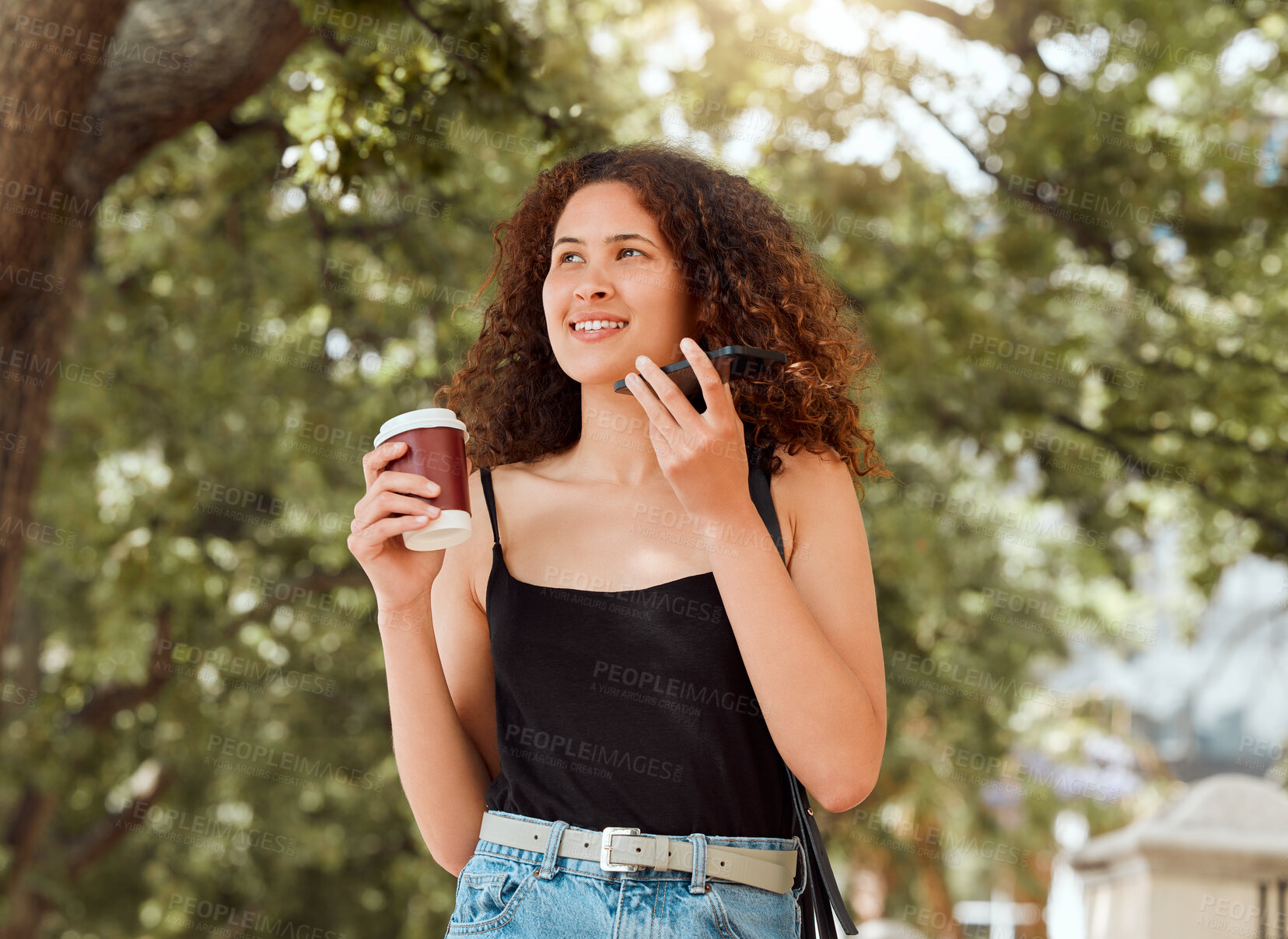 Buy stock photo Voice, phone call and woman in park with coffee, smile and contact on outdoor weekend walk. Student, tourist or happy gen z girl with drink, smartphone and speaker communication on morning commute