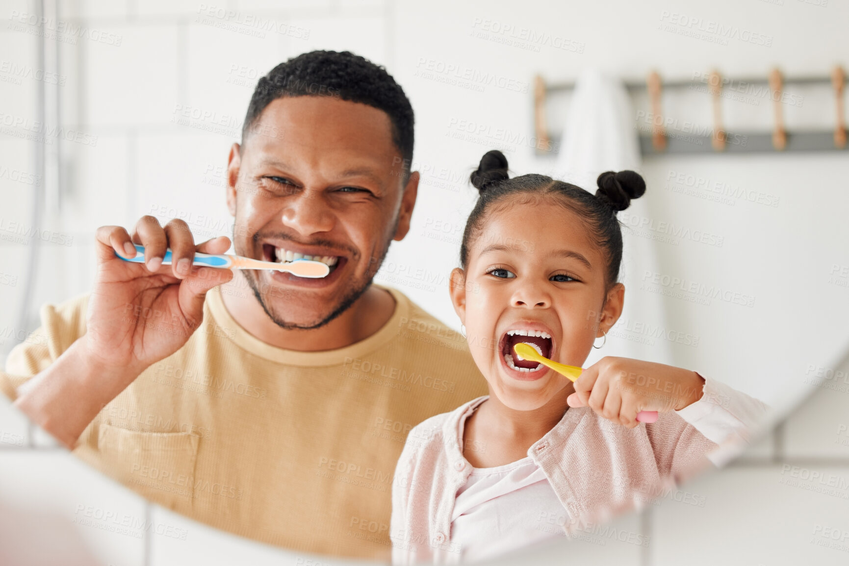 Buy stock photo Child, father and brushing teeth in a family home bathroom for dental health and wellness in a mirror. Face of african man and girl kid learning to clean mouth with a toothbrush for oral hygiene