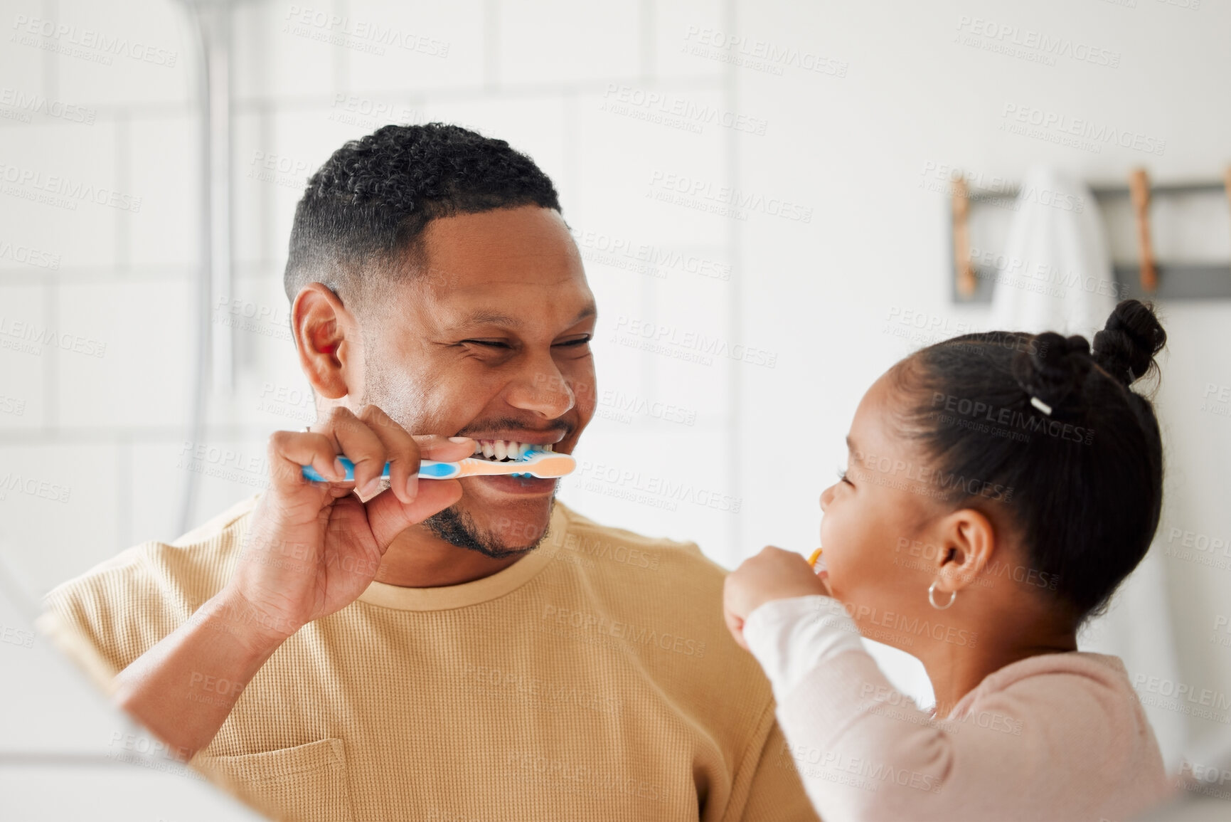 Buy stock photo Father, child and brushing teeth in a family home bathroom for dental health and wellness in a mirror. Happy african man and girl kid learning to clean mouth with a toothbrush for oral hygiene
